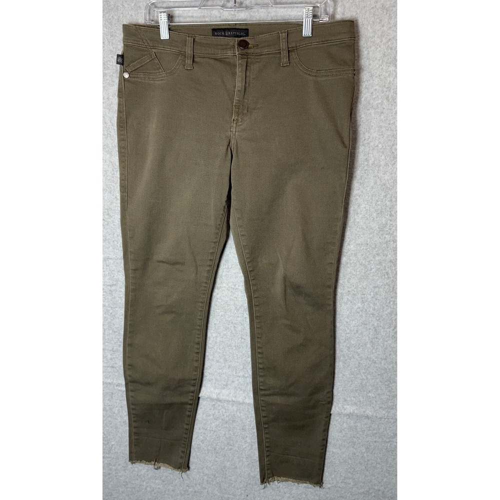 Rock & Republic Olive Green Skinny Jeans Frayed Hem Casual Denim Size 14‎
